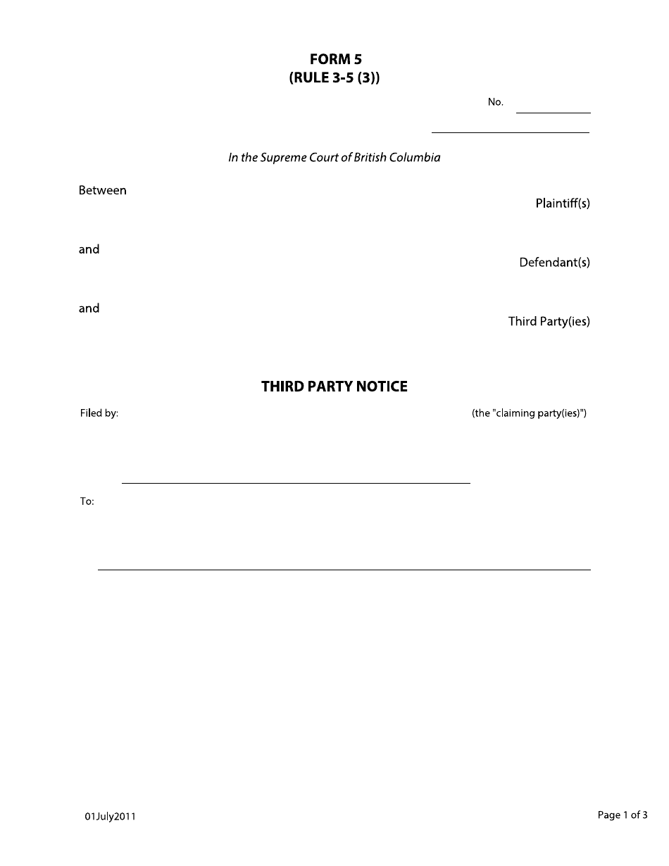 Form 5 Third Party Notice - British Columbia, Canada, Page 1