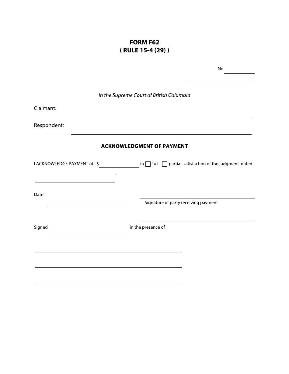 Form F62 Acknowledgment of Payment - British Columbia, Canada, Page 1
