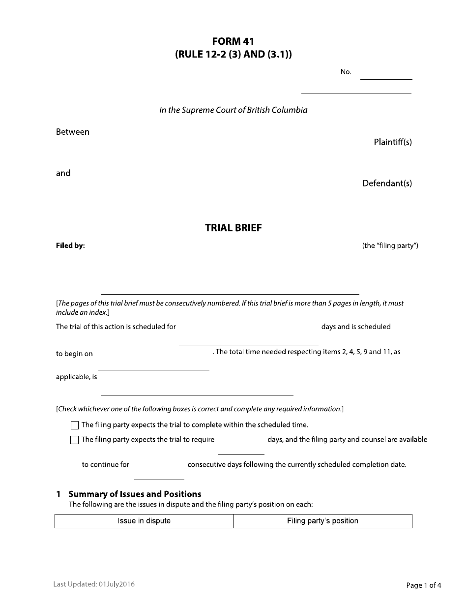 Form 41 Trial Brief - British Columbia, Canada, Page 1
