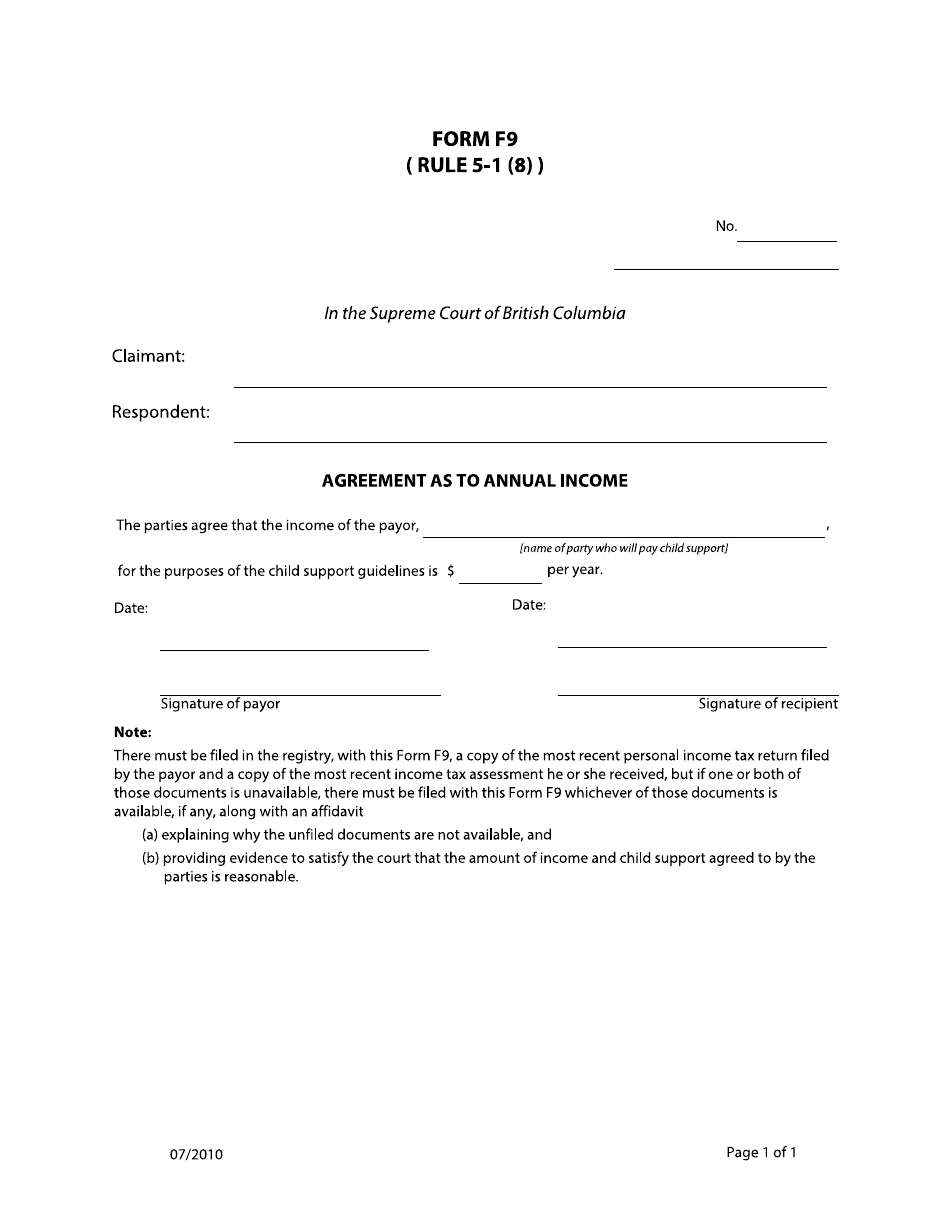 Form F9 Agreement as to Annual Income - British Columbia, Canada, Page 1