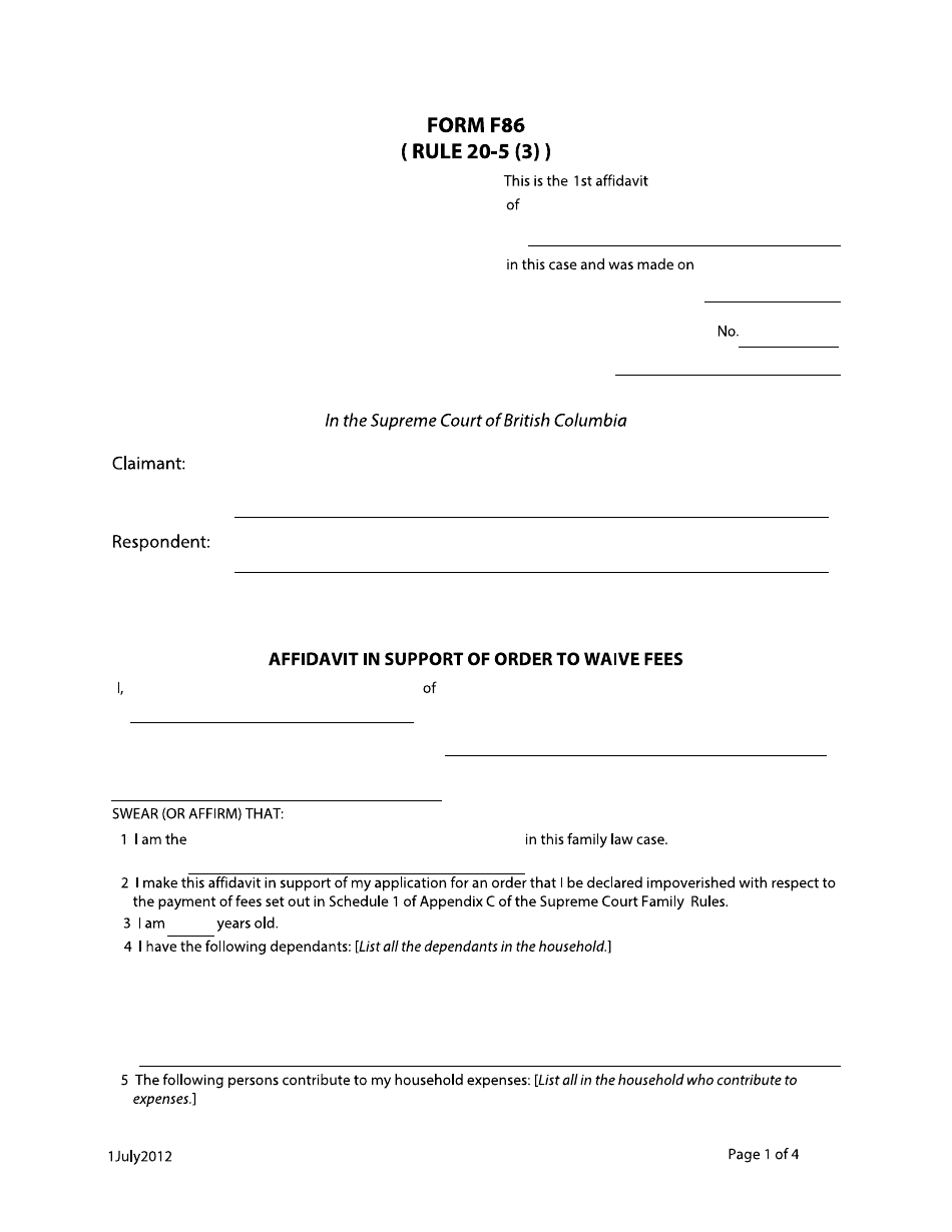 Form F86 Affidavit in Support to Waive Fees - British Columbia, Canada, Page 1