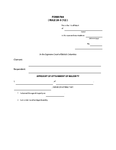 Form F84 Affidavit of Attainment of Majority - British Columbia, Canada