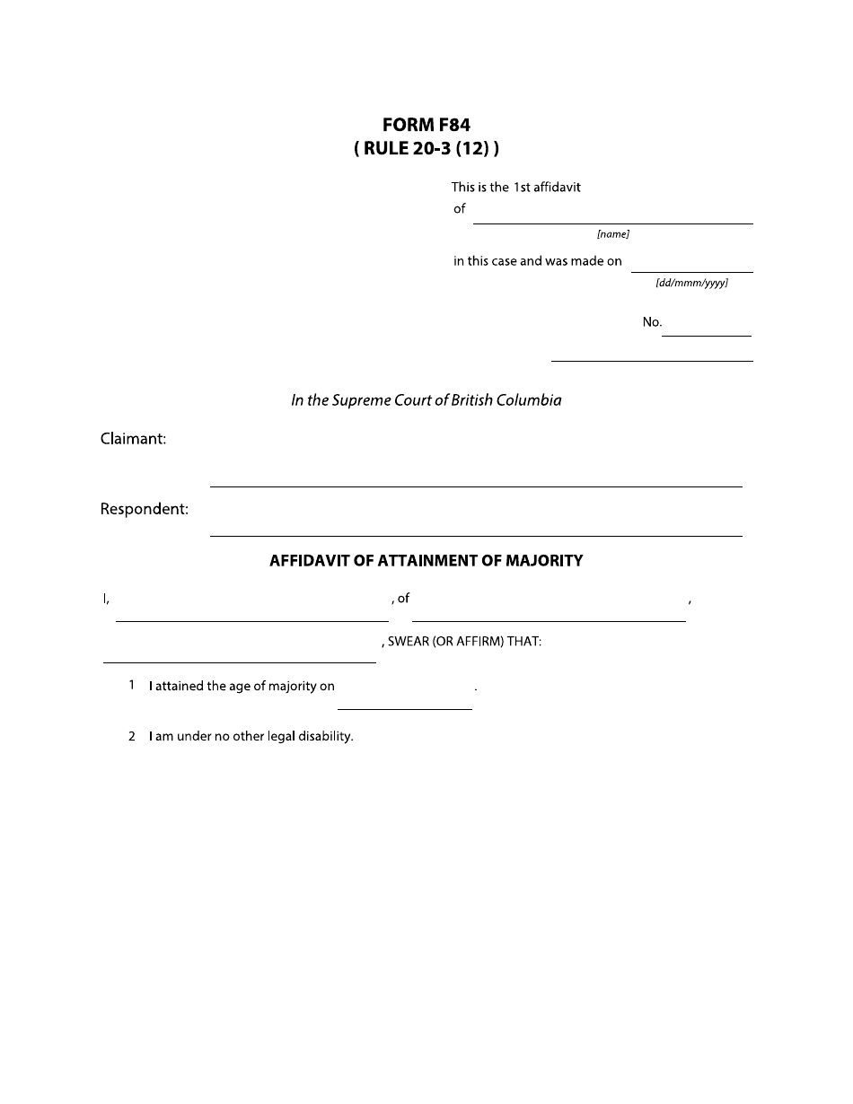 Form F84 Affidavit of Attainment of Majority - British Columbia, Canada, Page 1