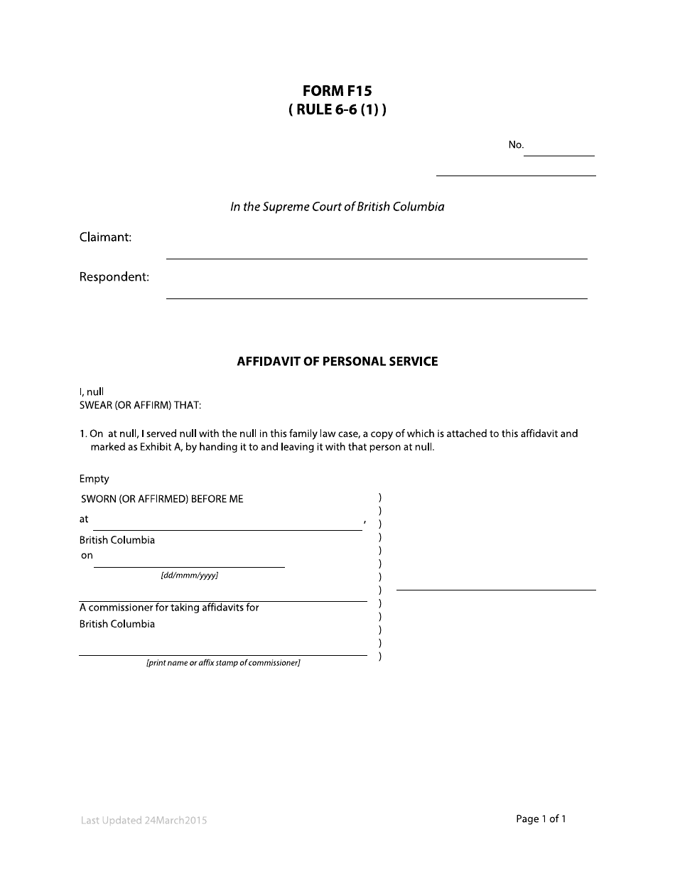 Form F15 Affidavit of Personal Service - British Columbia, Canada, Page 1