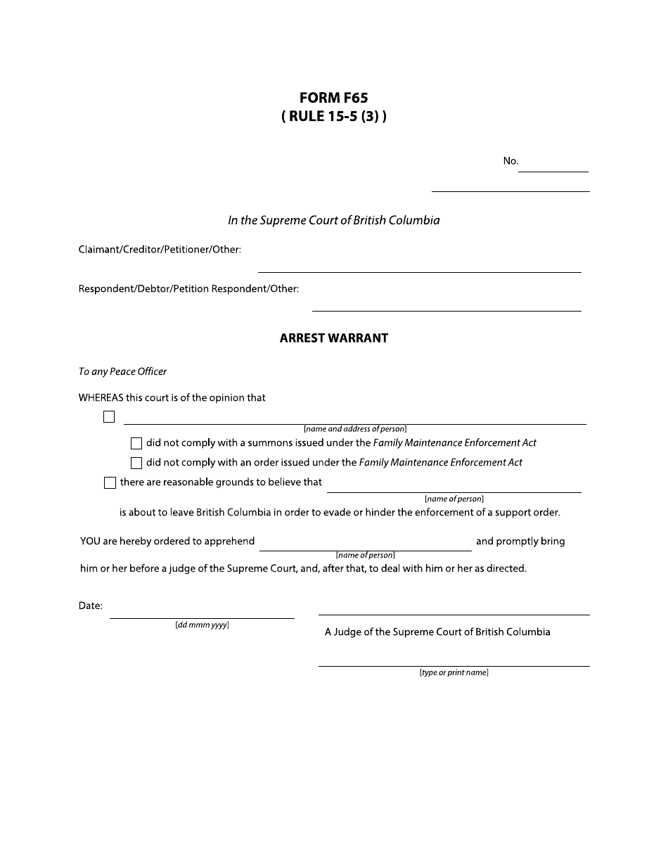 Form F65 Arrest Warrant - British Columbia, Canada, Page 1