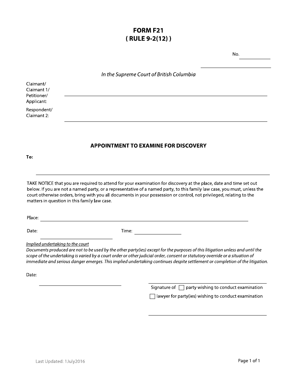 Form F21 Appointment to Examine for Discovery - British Columbia, Canada, Page 1