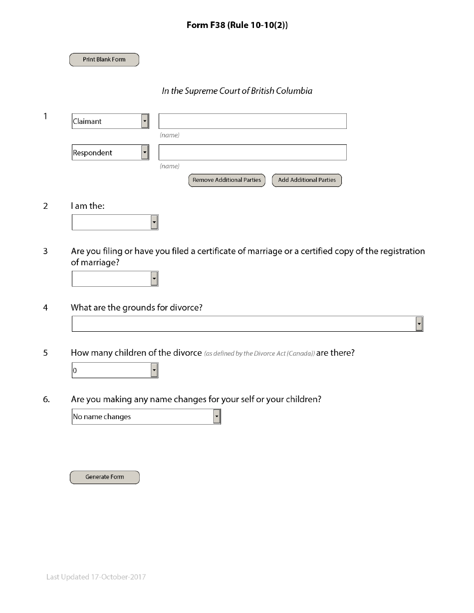 Form F38 Download Printable Pdf Or Fill Online Affidavit Desk Order Divorce British Columbia Canada Templateroller