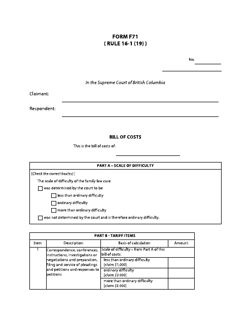 Form F71 Bill of Costs - British Columbia, Canada