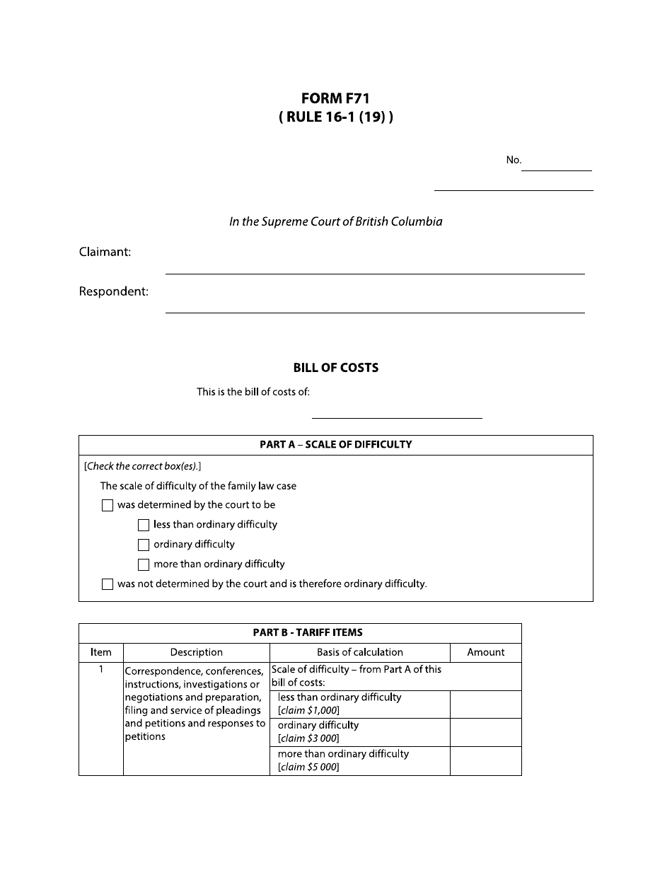 Form F71 Bill of Costs - British Columbia, Canada, Page 1