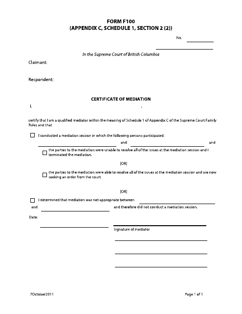 Form F100 Certificate of Mediation - British Columbia, Canada