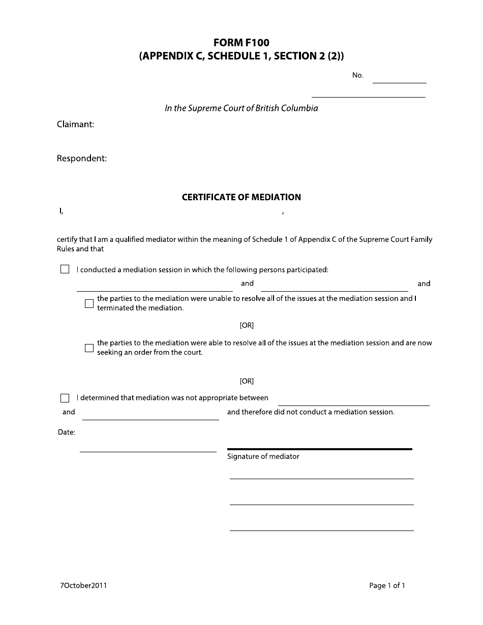 Form F100 Certificate of Mediation - British Columbia, Canada, Page 1