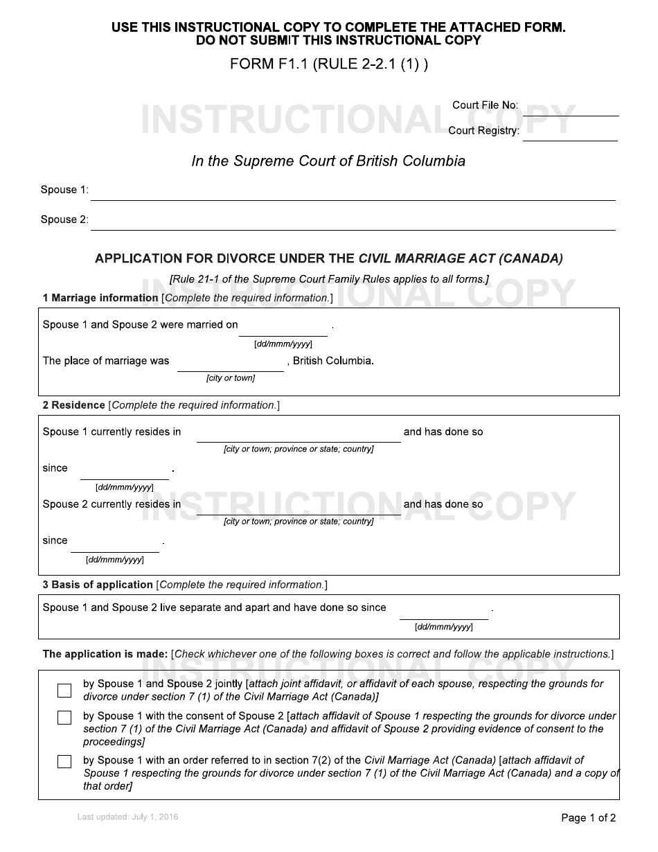 Form F1.1 Application for Divorce Under the Civil Marriage Act - British Columbia, Canada, Page 1