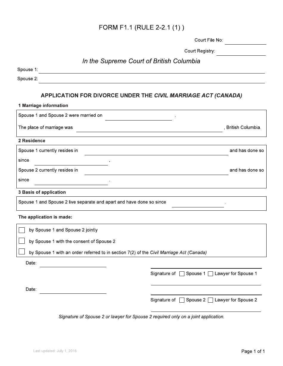 Form F1.1 Application for Divorce Under the Civil Marriage Act - British Columbia, Canada, Page 3