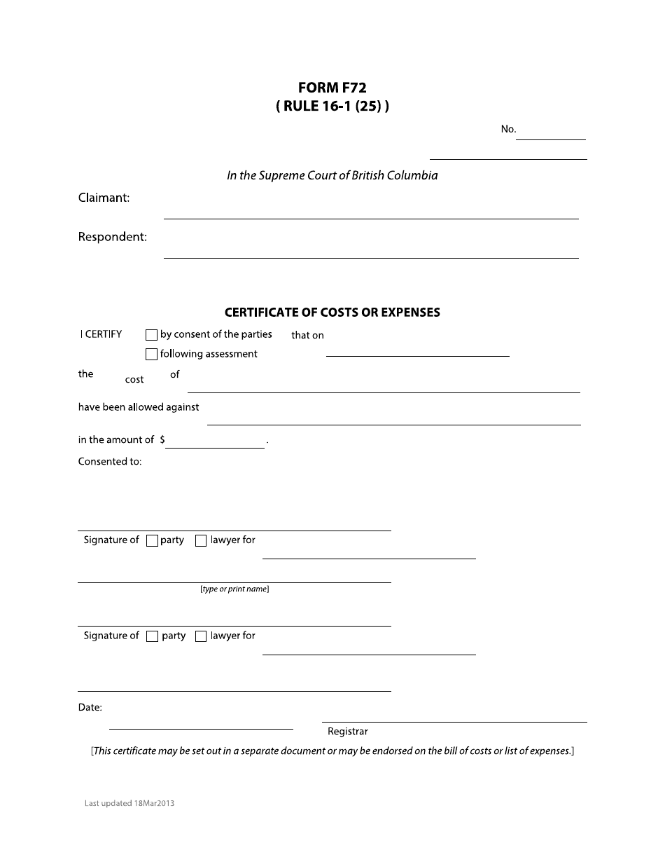 Form F72 Certificate of Costs or Expenses - British Columbia, Canada, Page 1