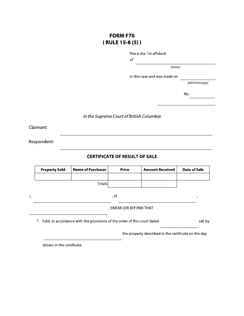 Form F70 Certificate of Result of Sale - British Columbia, Canada, Page 1