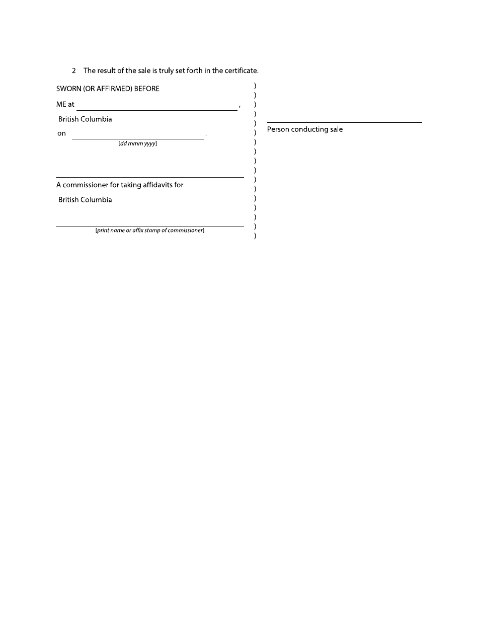 Form F70 Certificate of Result of Sale - British Columbia, Canada, Page 2