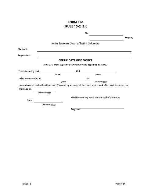 Form F56 Certificate of Divorce - British Columbia, Canada