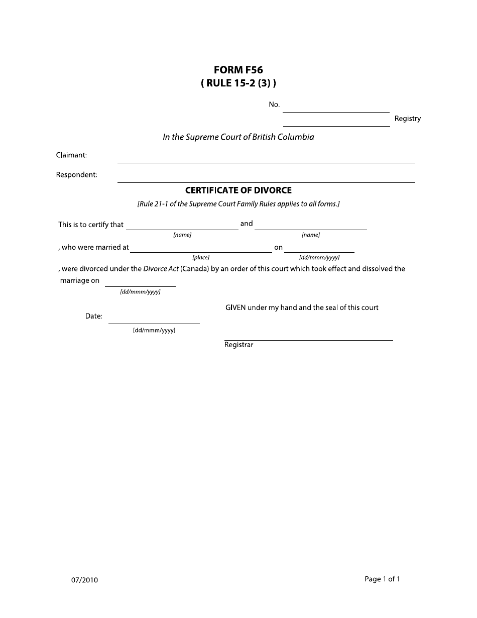 Form F56 Certificate of Divorce - British Columbia, Canada, Page 1