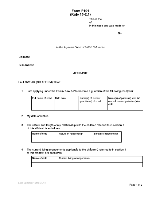 Form F101 Affidavit - Section 51 - British Columbia, Canada
