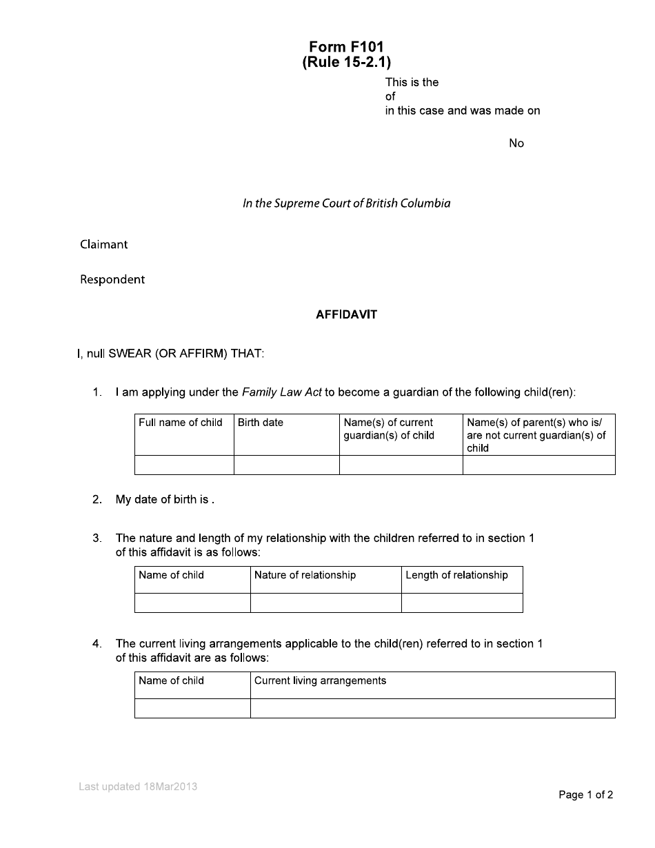 Form F101 Affidavit - Section 51 - British Columbia, Canada, Page 1