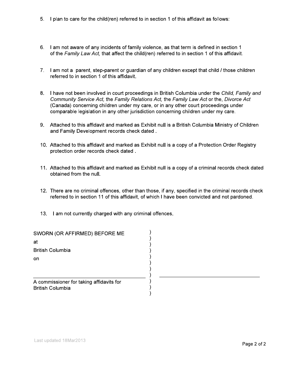 Form F101 Affidavit - Section 51 - British Columbia, Canada, Page 2