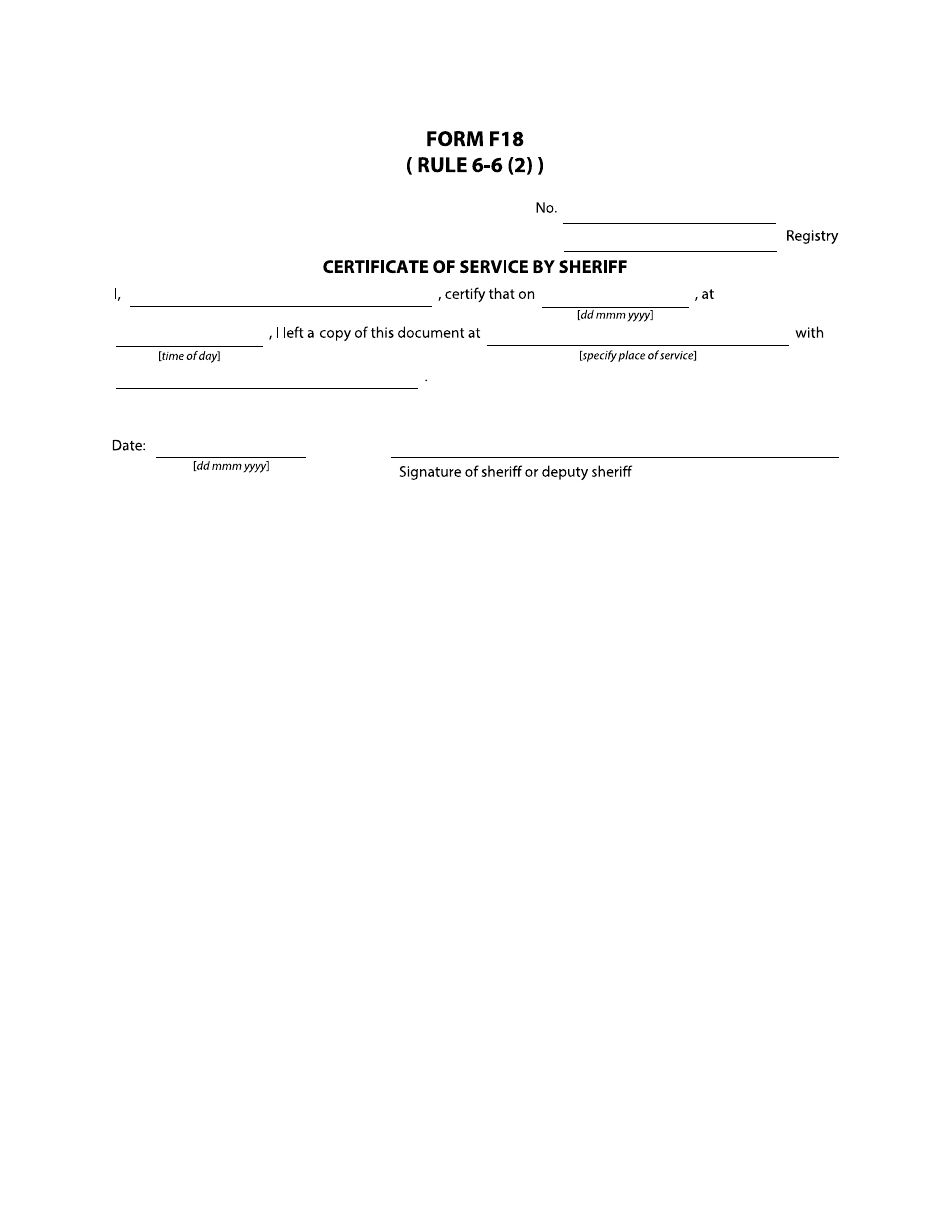 Form F18 Certificate of Service by Sheriff - British Columbia, Canada, Page 1