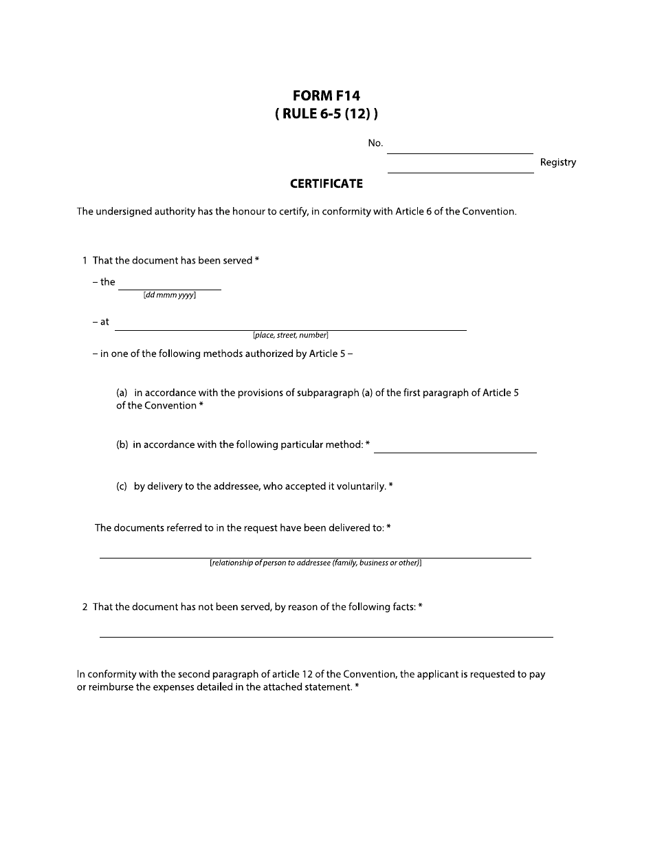 Form F14 Certificate - British Columbia, Canada, Page 1