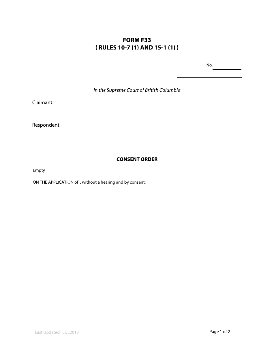Form F33 Consent Order - British Columbia, Canada, Page 1