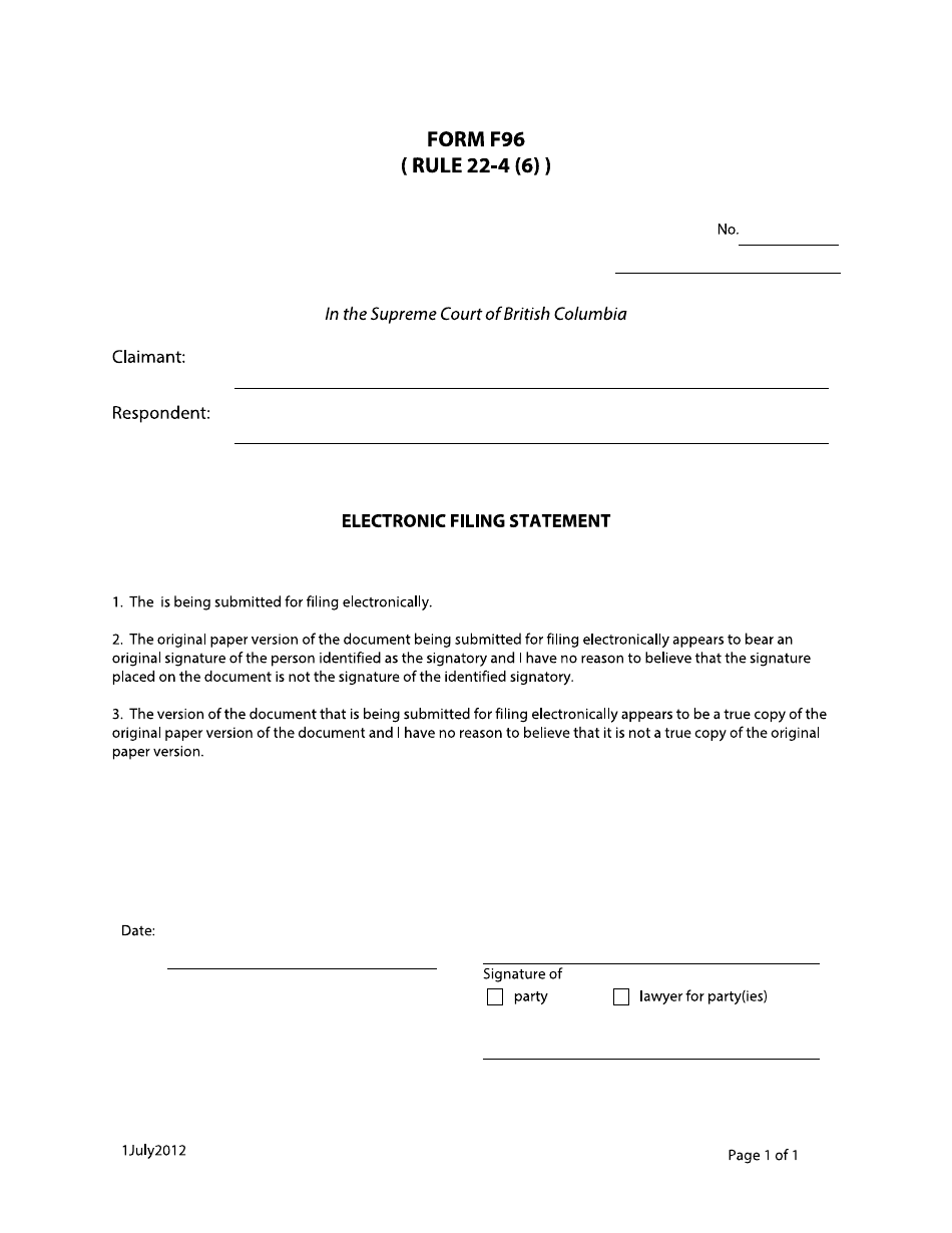 Form F96 Electronic Filing Statement - British Columbia, Canada, Page 1