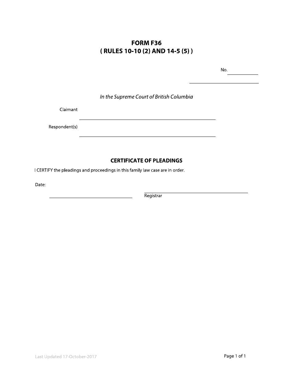 Form F36 Certificate of Pleadings - British Columbia, Canada, Page 1