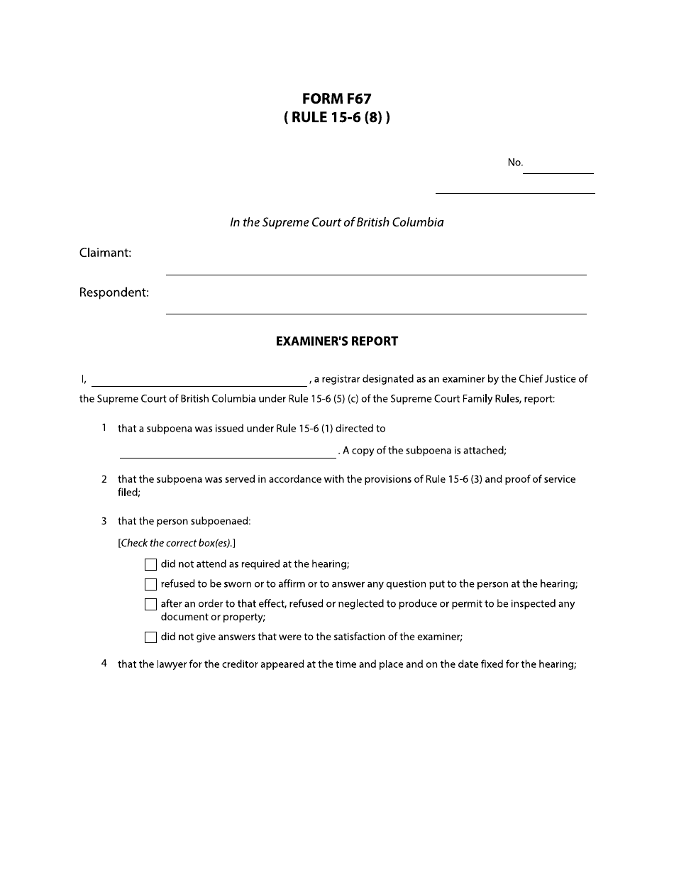 Form F67 Examiners Report - British Columbia, Canada, Page 1