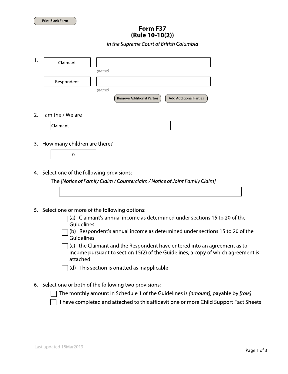 Form F37 Child Support Affidavit - British Columbia, Canada, Page 1
