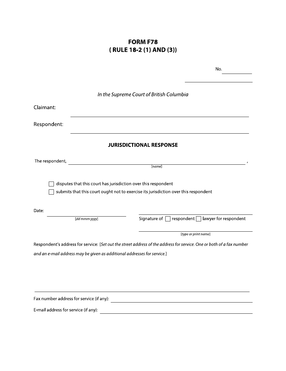 Form F78 Jurisdictional Response - British Columbia, Canada, Page 1
