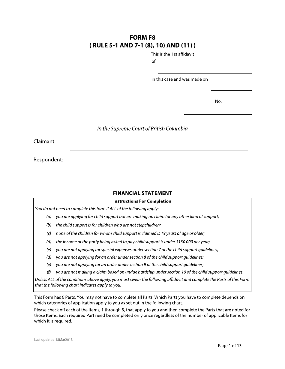 Form F8 Financial Statement - British Columbia, Canada, Page 1