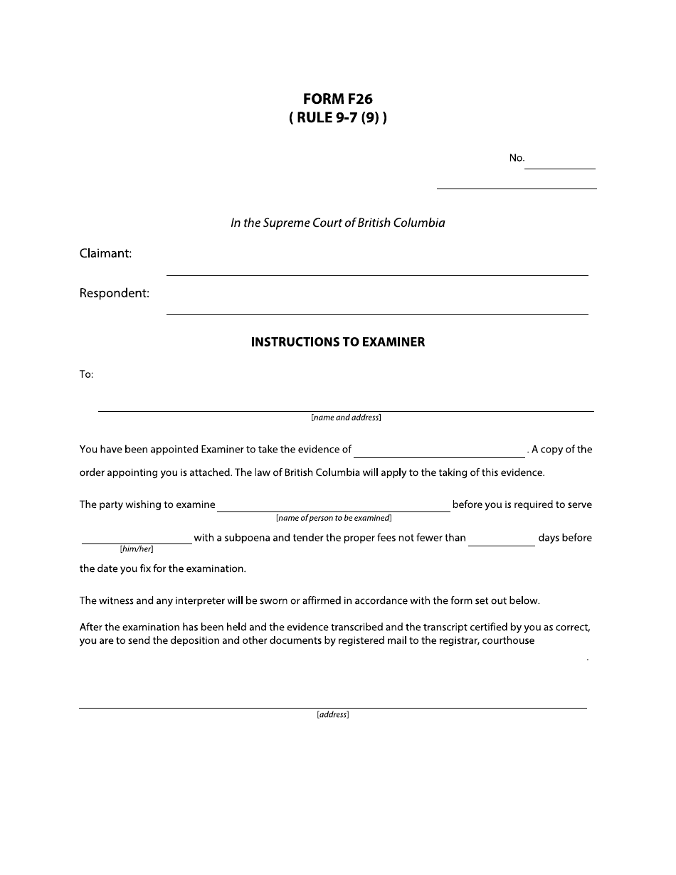 Form F26 Instructions to Examiner - British Columbia, Canada, Page 1