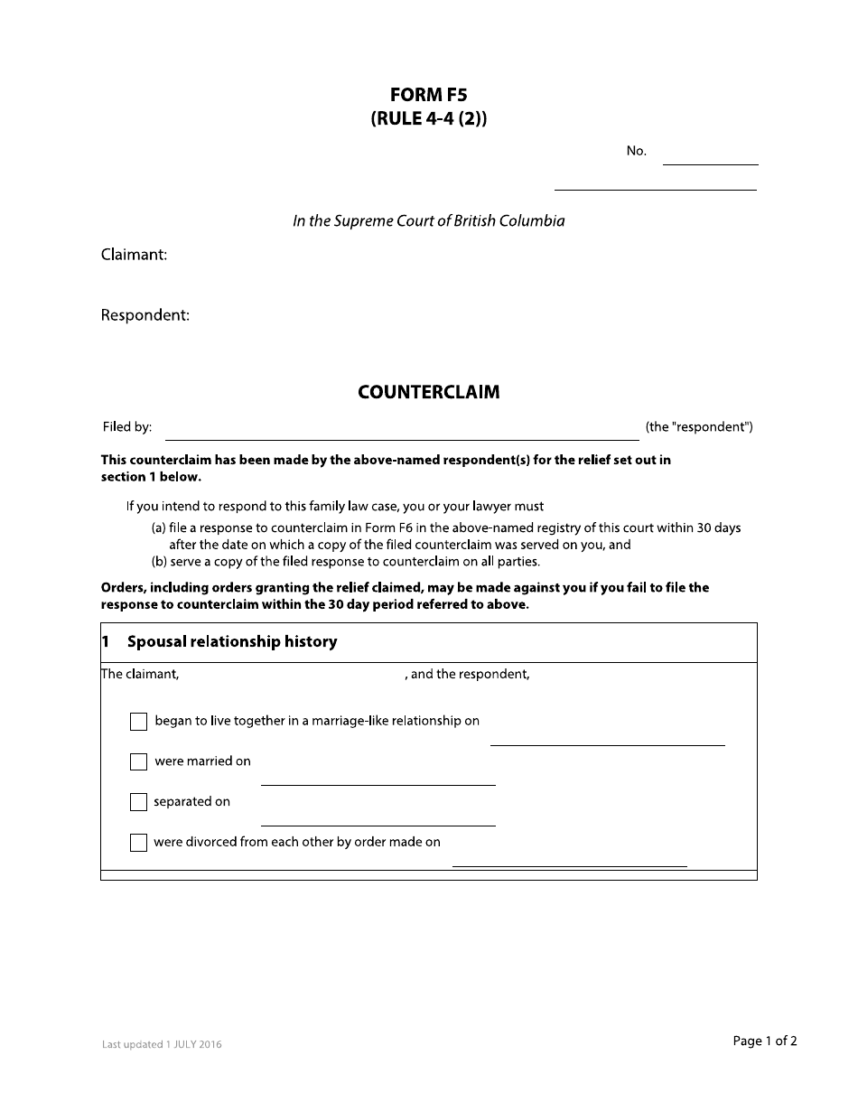 Form F5 Counterclaim - British Columbia, Canada, Page 1