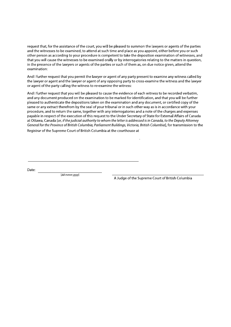 Form F28 Letter of Request for Examination of Witness out of Jurisdiction - British Columbia, Canada, Page 2