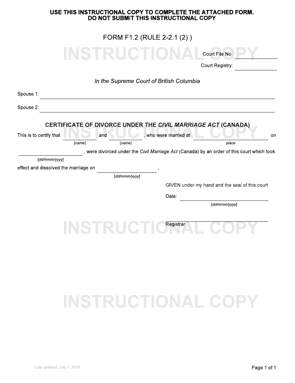 Form F1.2 Certificate of Divorce Under the Civil Marriage Act (Canada) - British Columbia, Canada, Page 1