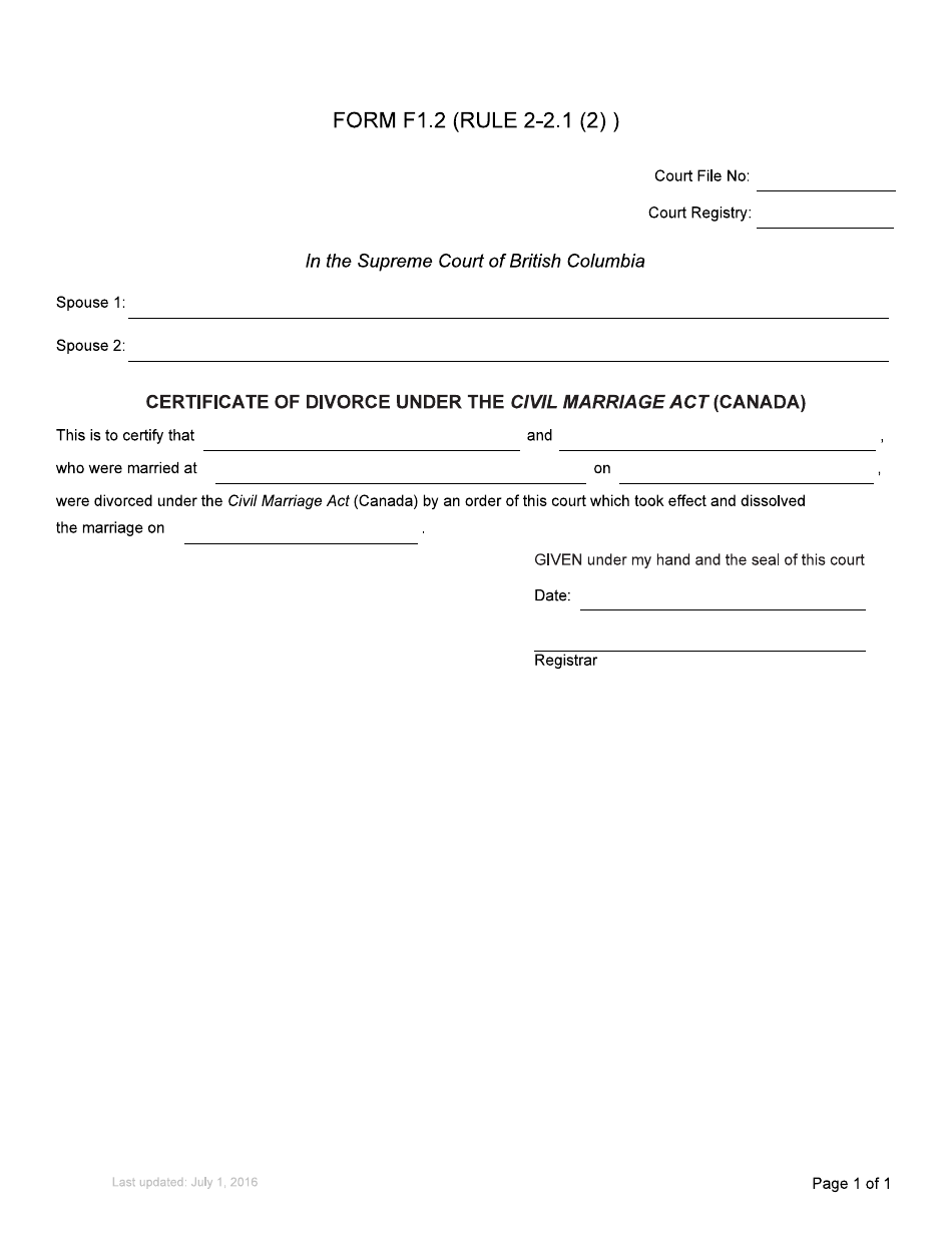 Form F1.2 Certificate of Divorce Under the Civil Marriage Act (Canada) - British Columbia, Canada, Page 2