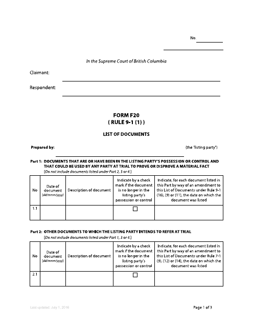 Form F20 List of Documents - British Columbia, Canada