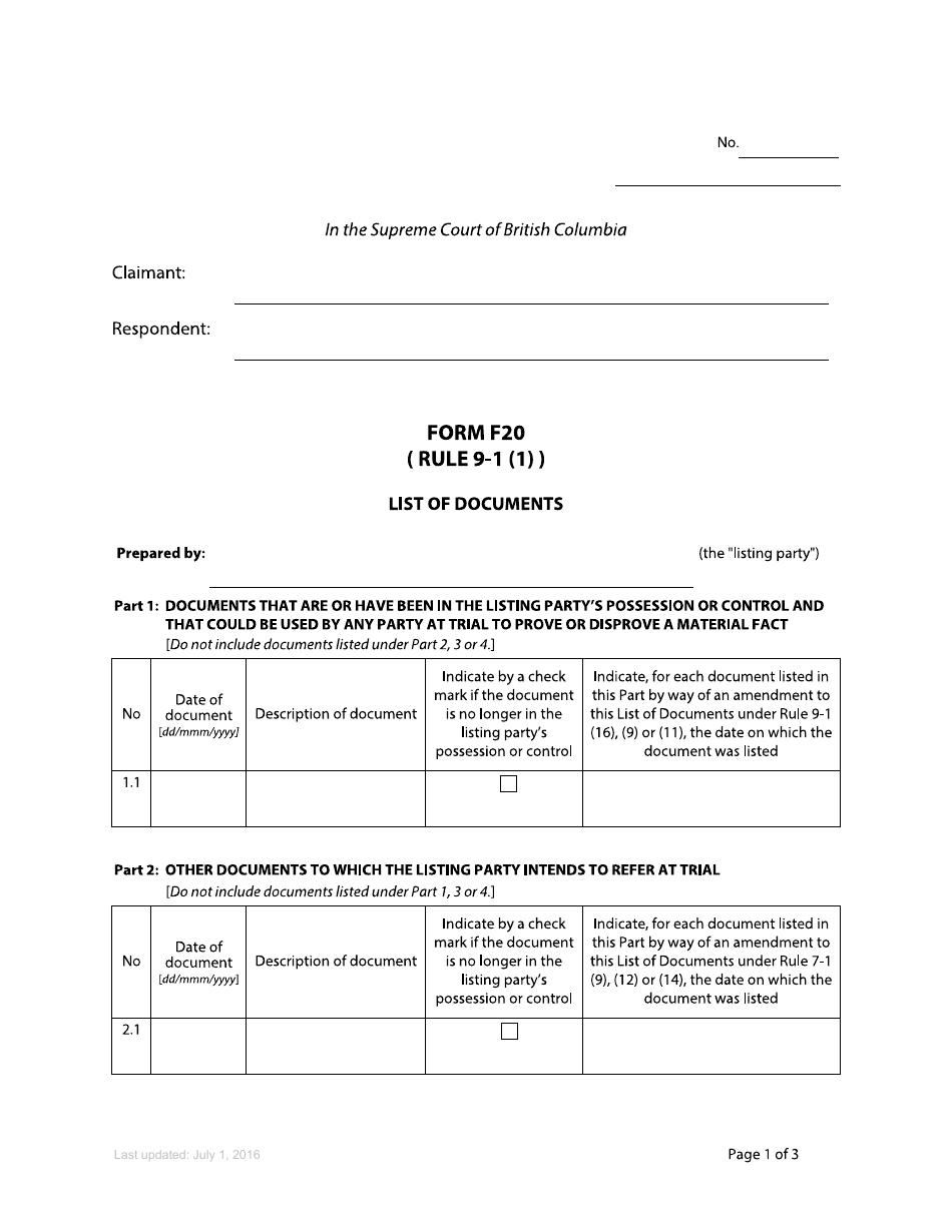 Form F20 List of Documents - British Columbia, Canada, Page 1
