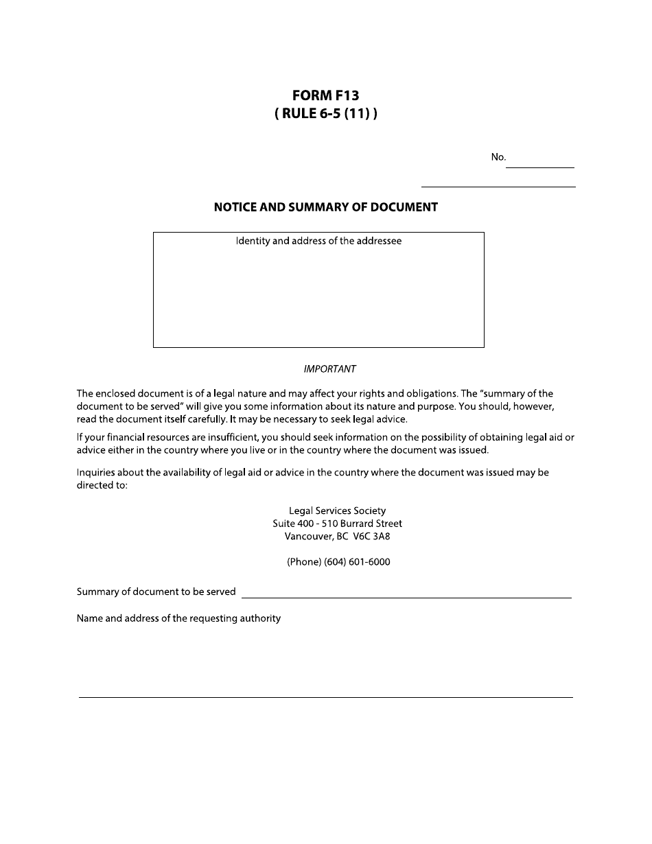 Form F13 Notice and Summary of Document - British Columbia, Canada, Page 1