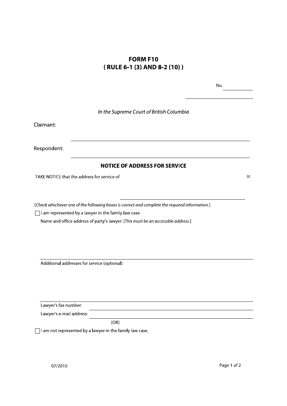 Form F10 Notice of Address for Service - British Columbia, Canada, Page 1