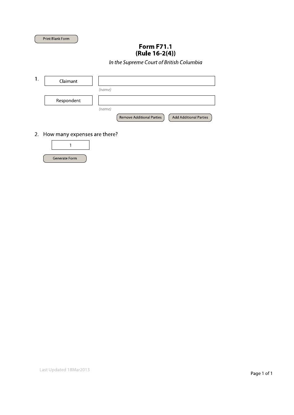 Form F71.1 List of Expenses - British Columbia, Canada, Page 1