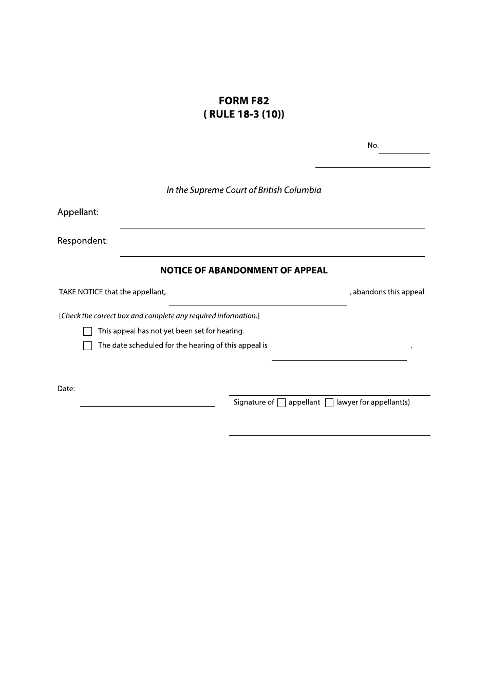 Form F82 Notice of Abandonment of Appeal - British Columbia, Canada, Page 1