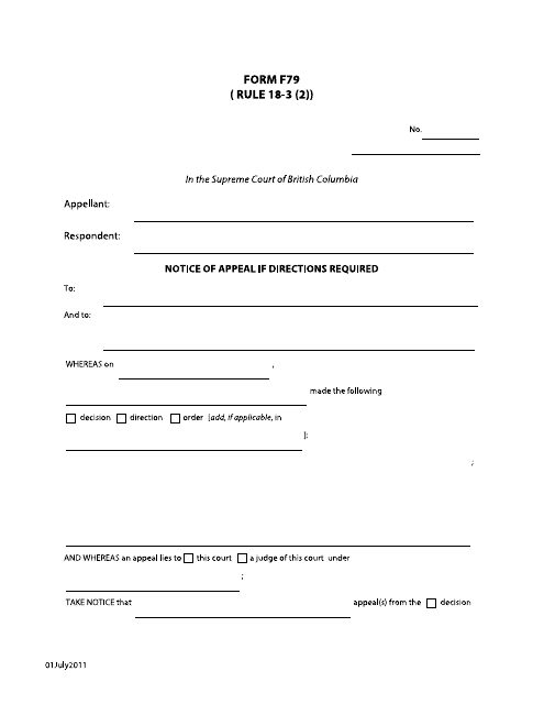 Form F79 Notice of Appeal if Directions Required - British Columbia, Canada