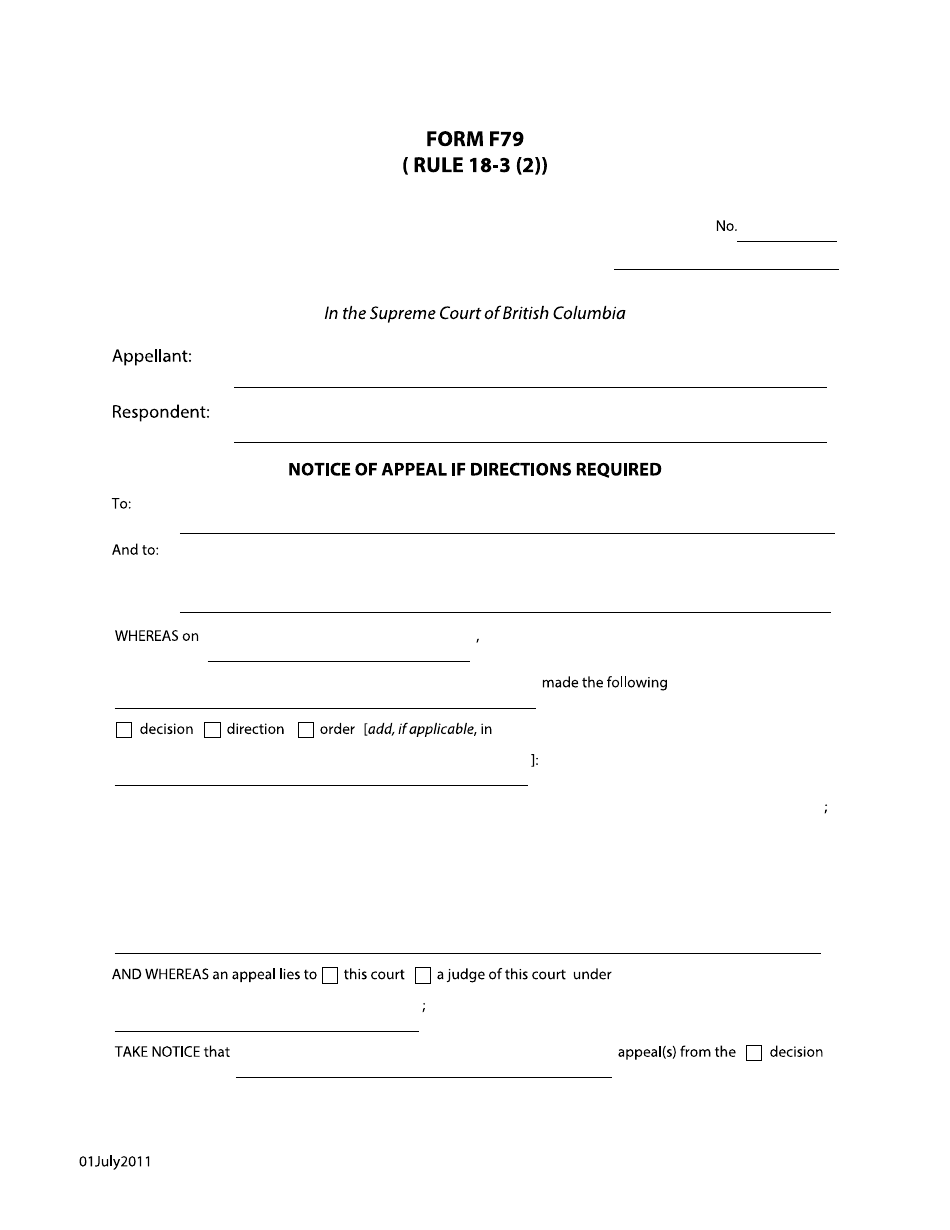 Form F79 Notice of Appeal if Directions Required - British Columbia, Canada, Page 1