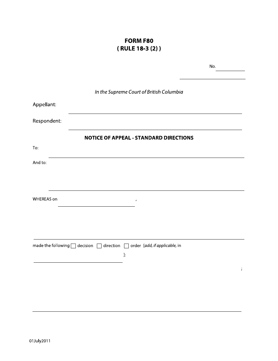 Form F80 Notice of Appeal  Standard Directions - British Columbia, Canada, Page 1