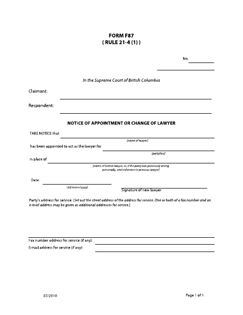 Form F87 Notice of Appointment or Change of Lawyer - British Columbia, Canada