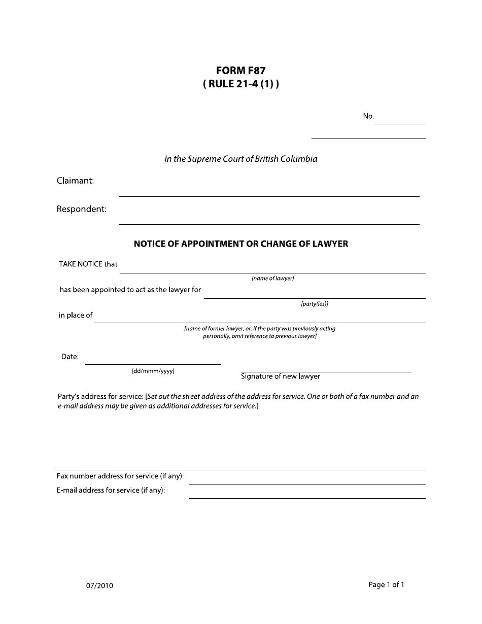 Form F87 Notice of Appointment or Change of Lawyer - British Columbia, Canada, Page 1